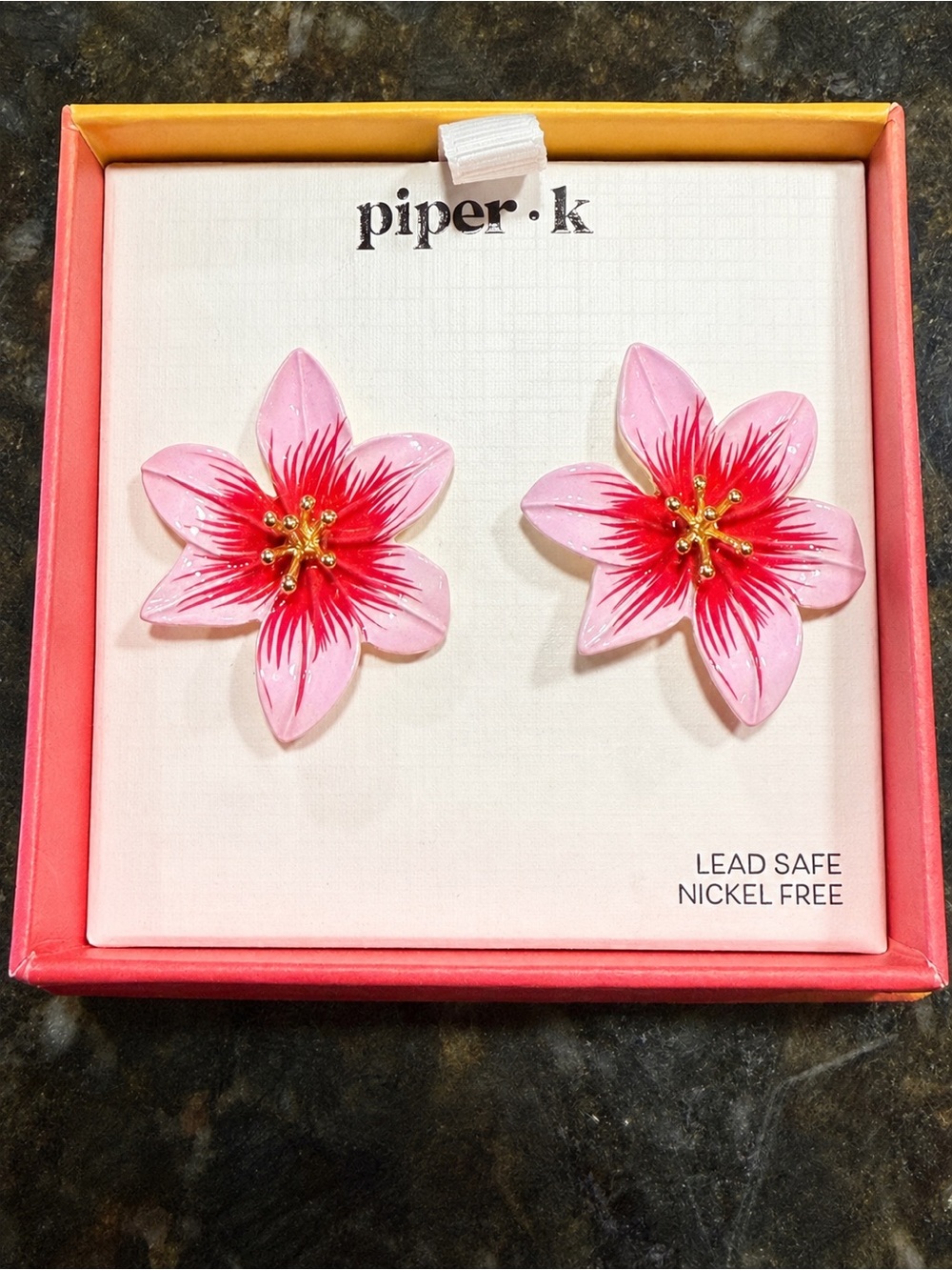 Piper K Hand-Painted Pink & Gold Fuchsia 🌸Lily Stud Earrings New in Box